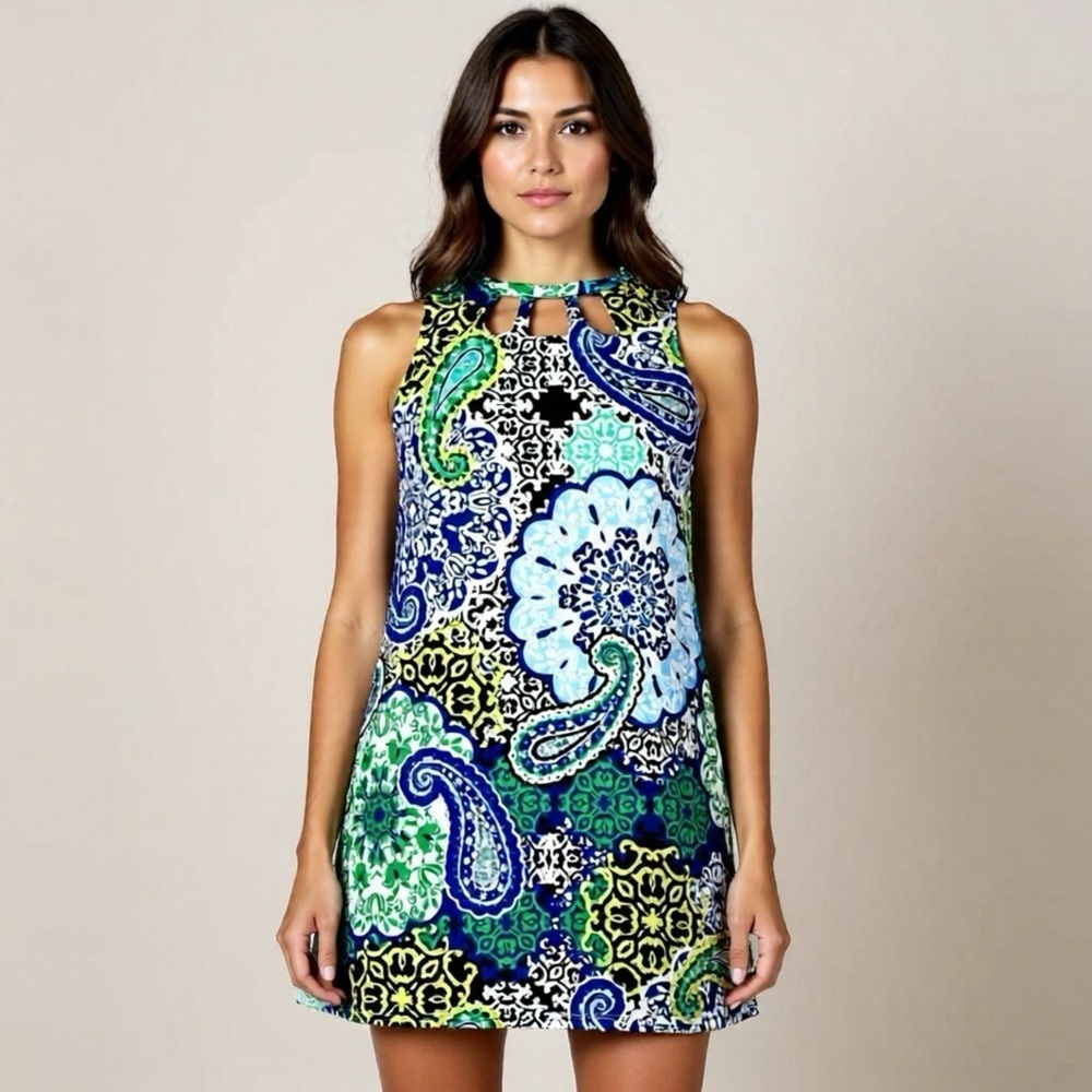 Alyx Mini Dress Sz Medium Keyhole Paisley Pockets Stretch Blue Green Sleeveless